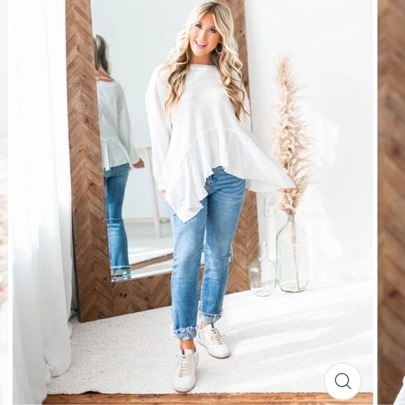 free people M Vada White Waffle Knit Crew Asymmetrical Long Sleeve Thermal Top - Picture 5 of 16